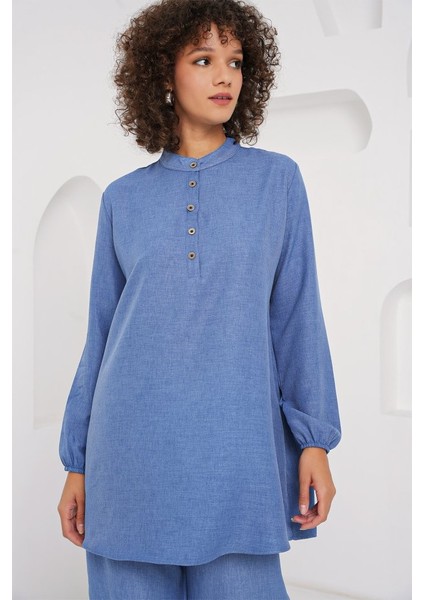 6678 Keten Tunik Pantolon Ikili Takım - Indigo