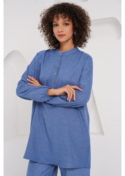 6678 Keten Tunik Pantolon Ikili Takım - Indigo