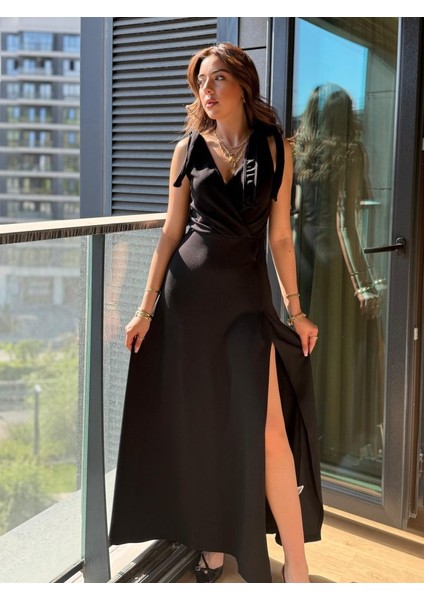 Kadın Askılı Omuzdan Bağlamalı Kruvaze Yakalı Uzun Yırtmaçlı Janjan Krep Elbise modelleri