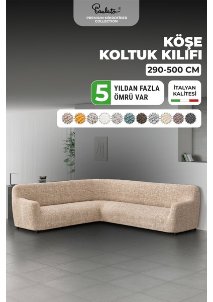 Lastikli Esnek ve Yıkanabilir L Köşe Koltuk Örtüsü Çekyat Kanepe Kılıfı - Bej