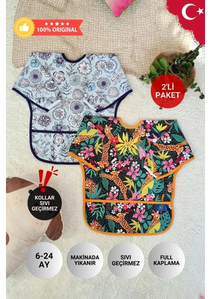 Flower ve Dream Desenli 2'li Paket Sıvı Geçirmez Kız Çocuk Aktivite ve Mama Önlüğü 6-24 Ay