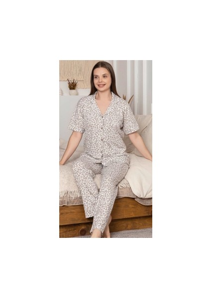 6308 Kadın Leopar Desenli Patlı Pijama Takımı