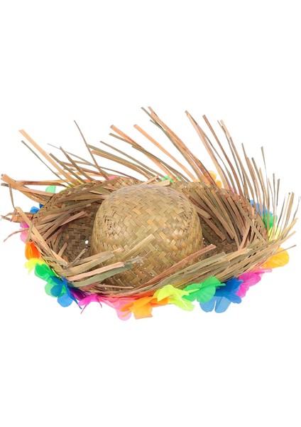 Natural Renkli Püsküllü Örme Hasır Hawaii Şapka