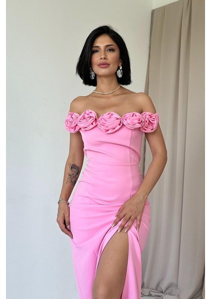 Pembe Madonna Yaka Güllü Elbise