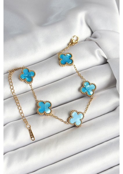 316L Çelik Sedefli Gökyüzü Mavisi Gold Renk Yonca Kadın Bileklik