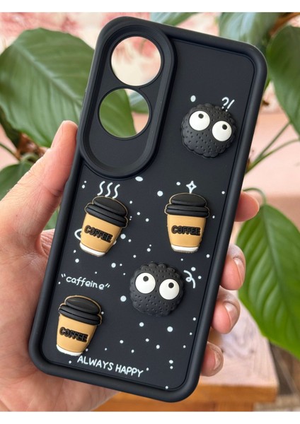 Oppo A60 Uyumlu Kamera Korumalı Coffee Kurabiye Figürlü Siyah Yumuşak Silikon Kapak