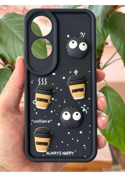 Oppo A60 Uyumlu Kamera Korumalı Coffee Kurabiye Figürlü Siyah Yumuşak Silikon Kapak
