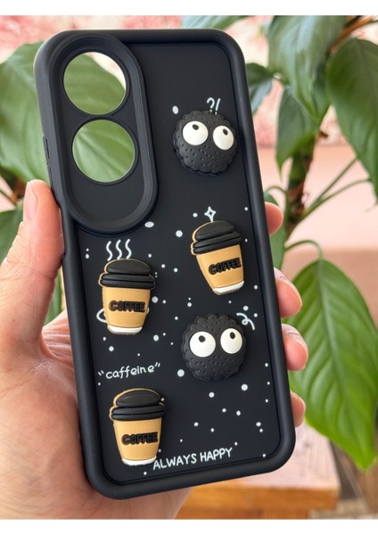 Oppo A60 Uyumlu Kamera Korumalı Coffee Kurabiye Figürlü Siyah Yumuşak Silikon Kapak