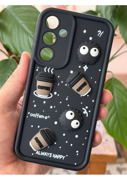 Samsung Galaxy A36 Uyumlu Kamera Korumalı Coffee Kurabiye Figürlü Siyah Yumuşak Silikon Kapak