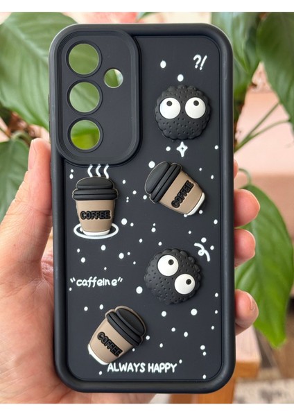 Samsung Galaxy A36 Uyumlu Kamera Korumalı Coffee Kurabiye Figürlü Siyah Yumuşak Silikon Kapak