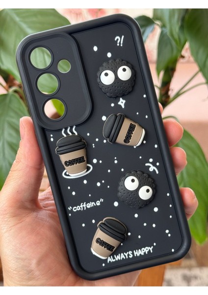 Samsung Galaxy A36 Uyumlu Kamera Korumalı Coffee Kurabiye Figürlü Siyah Yumuşak Silikon Kapak