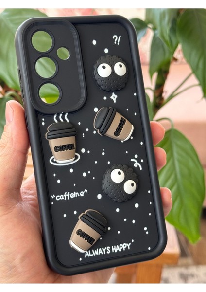 Samsung Galaxy A36 Uyumlu Kamera Korumalı Coffee Kurabiye Figürlü Siyah Yumuşak Silikon Kapak