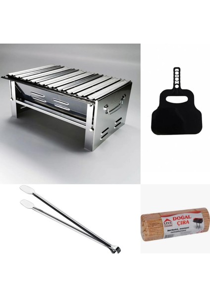 Krom Katlanır Mangal , Maşa , Yelpaze , Çıra Seti