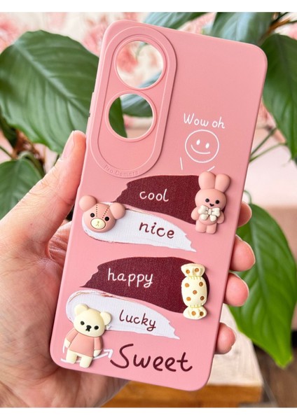 Oppo A60 Uyumlu Kılıf Pembe Tavşan Tasarımlı Desenli Kamera Korumalı Yumuşak Silikon Kapa