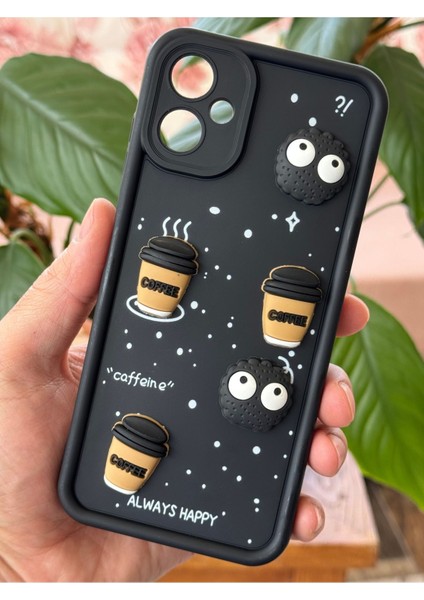 Samsung Galaxy A06 Uyumlu Kamera Korumalı Coffee Kurabiye Figürlü Siyah Yumuşak Silikon Kapak