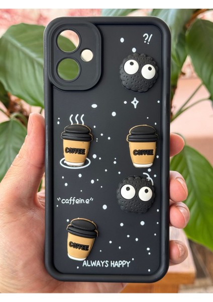Samsung Galaxy A06 Uyumlu Kamera Korumalı Coffee Kurabiye Figürlü Siyah Yumuşak Silikon Kapak