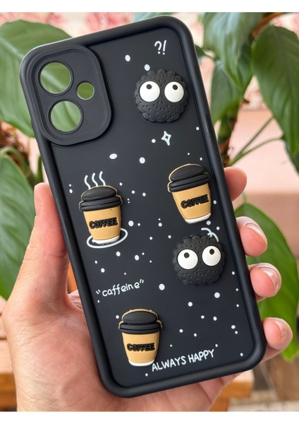Samsung Galaxy A06 Uyumlu Kamera Korumalı Coffee Kurabiye Figürlü Siyah Yumuşak Silikon Kapak
