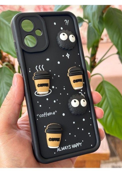 Samsung Galaxy A06 Uyumlu Kamera Korumalı Coffee Kurabiye Figürlü Siyah Yumuşak Silikon Kapak