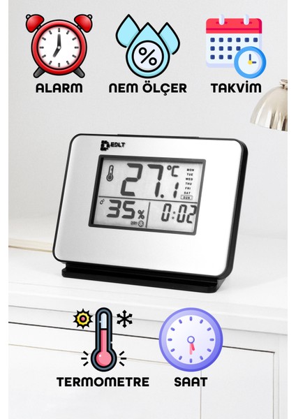 5 Fonksiyonlu Dijital Bebek Nem Ölçer Saat Takvim Alarm Termometre Masa Saati Alarmlı 1601