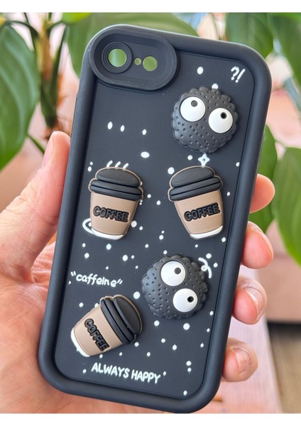 Apple iPhone 16E Uyumlu Kamera Korumalı Coffee Kurabiye Figürlü Siyah Yumuşak Silikon Kapak