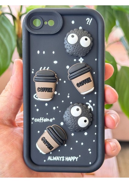 Apple iPhone 16E Uyumlu Kamera Korumalı Coffee Kurabiye Figürlü Siyah Yumuşak Silikon Kapak