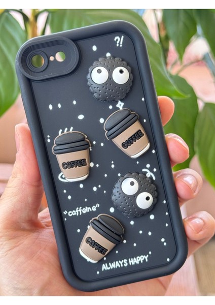 Apple iPhone 16E Uyumlu Kamera Korumalı Coffee Kurabiye Figürlü Siyah Yumuşak Silikon Kapak