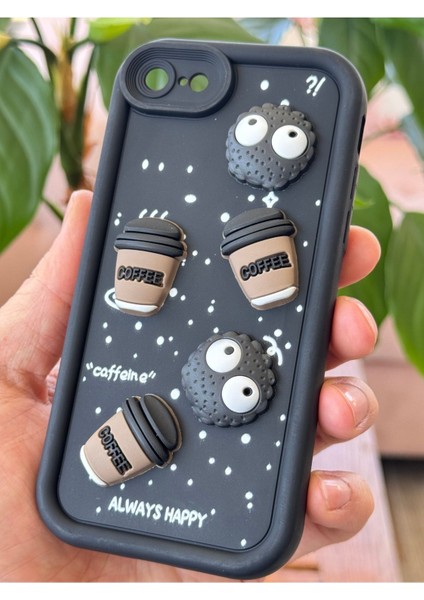 Apple iPhone 16E Uyumlu Kamera Korumalı Coffee Kurabiye Figürlü Siyah Yumuşak Silikon Kapak