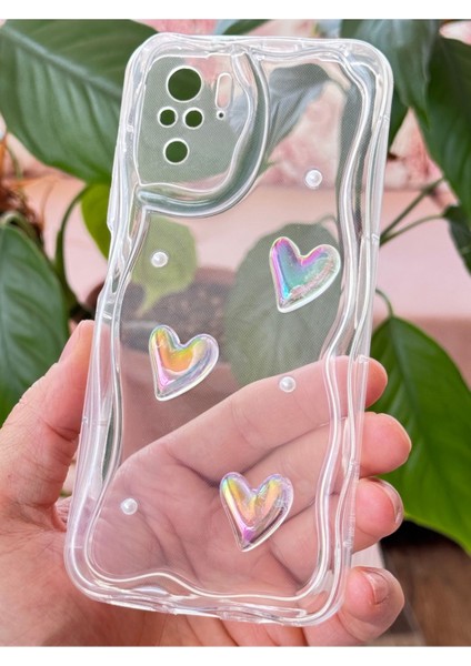Redmi Note 10 - 10S Kılıf 3D Kalpli Inci Tasarımlı Desenli Kamera Korumalı Şeffaf Silikon Kapak