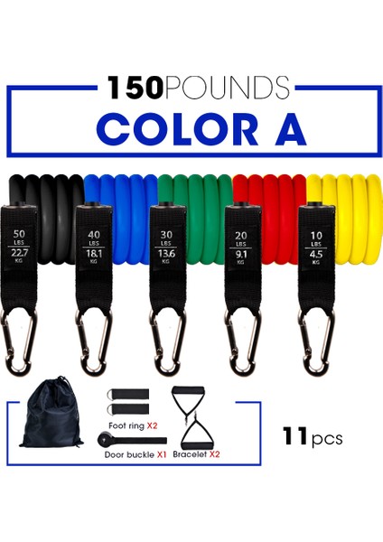 150LBS-11PCS-RENK A Stili Adet Fitness Direnç Tüp Bandı Yoga Salonu Streç Çekme Halatı Egzersiz Eğitimi Genişletici Kapı Çapa Kolu Ayak Bileği Kayışı (Yurt Dışından)