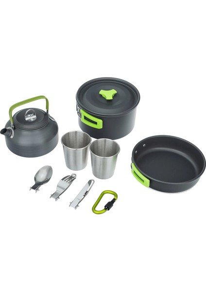 Yeşil Stil Amping Tencere Seti Hafif Taşınabilir Kamp Tencere Seti Yürüyüş Için Katlanabilir Kaşık Çatal Kesici ile Set (Yurt Dışından)