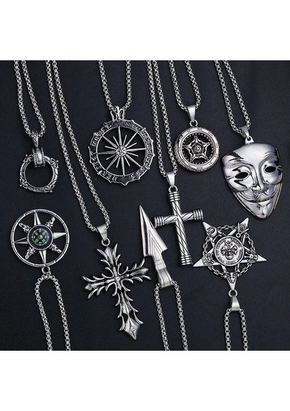 Güneş 60 cm Maske Kolye Mızrak Ucu Çapraz Kolye Moda Charm Güneş Pusula Iskelet Pentagram Kazak Zincir Takı Erkekler Kadınlar Için Hediyeler (Yurt Dışından) fiyatları