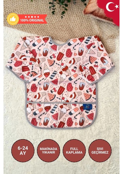 Dondurma Desenli Sıvı Geçirmez Unisex Aktivite ve Mama Önlüğü 6-24 Ay