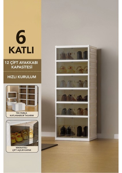 Pratik 6 Katlı 12 Çift Ayakkabı Kapasiteli Mıknatıslı Çift Açılır Kapaklı Toz Geçirmez Ayakkabılık Beyaz