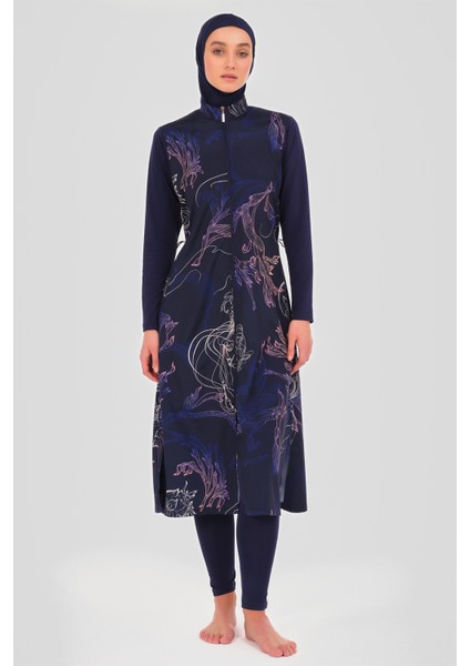 Kadın Nakış Desenli Tam Kapalı Tesettür Mayo 24511-25 Lacivert