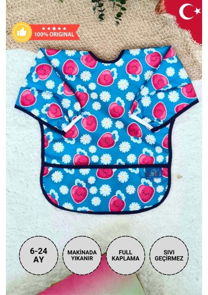 Çilek Desenli Sıvı Geçirmez Kız Aktivite ve Mama Önlüğü 6-24 Ay
