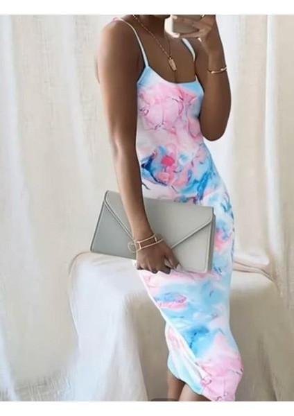 Kadın Omuz Askılı Dijital Baskılı Midi Boy Elbise fiyatları