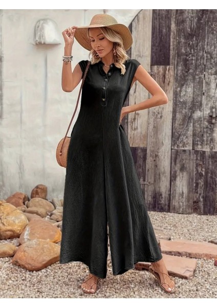 Fh Fashionhere Kadın Kısa Kollu Önden Düğmeli Paçaya Doğru Geniş Cepli Uzun Bürümcük Tulum
