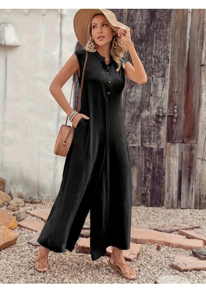 Fh Fashionhere Kadın Kısa Kollu Önden Düğmeli Paçaya Doğru Geniş Cepli Uzun Bürümcük Tulum fiyatları