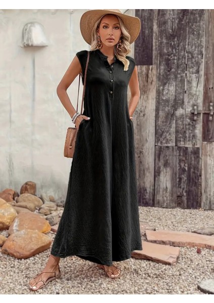 Fh Fashionhere Kadın Kısa Kollu Önden Düğmeli Paçaya Doğru Geniş Cepli Uzun Bürümcük Tulum indirimleri