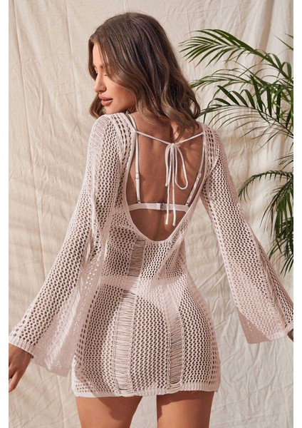 Örme Pamuk Uzun Kollu Pareo Plaj Elbisesi Kimono Kaftan