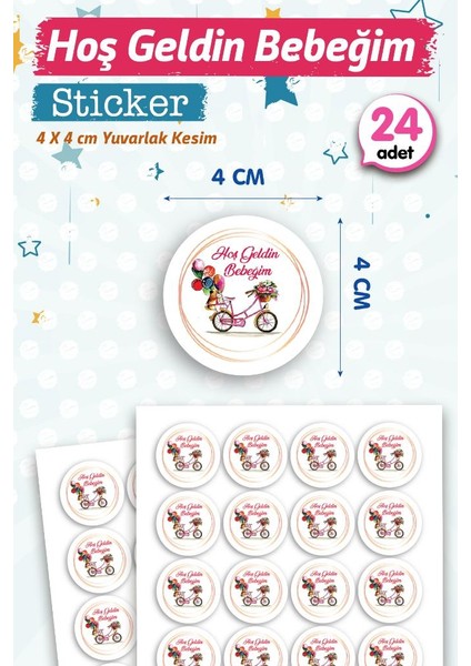 Hoş Geldin Bebeğim Etiket Yuvarlak 4cm (Kız) 24 Adet Bebek- Yenidoğan Hediyelik - Çikolata Etiketi Sticker -T1127