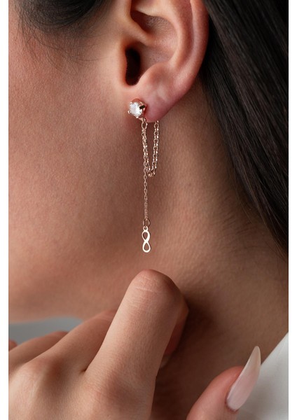 925 Ayar Gümüş Rose Kaplama 5 mm Tektaş Sallantılı Zincir Sonsuzluk Model Küpe