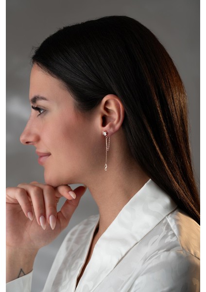 925 Ayar Gümüş Rose Kaplama 5 mm Tektaş Sallantılı Zincir Sonsuzluk Model Küpe modelleri