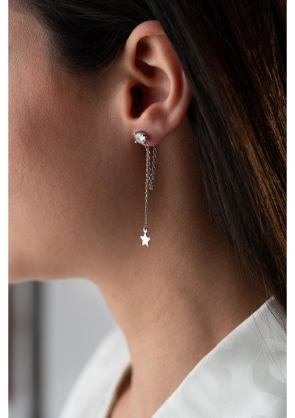 925 Ayar Gümüş Rodyum Kaplama 5 mm Tektaş Sallantılı Zincir Sade Yıldız Model Küpe