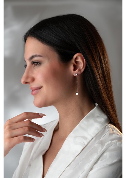 925 Ayar Gümüş Rodyum Kaplama 5 mm Tektaş Sallantılı Zincir Sade Yıldız Model Küpe fiyatları