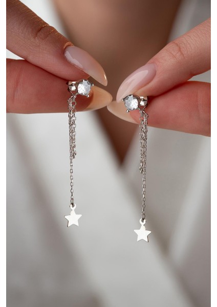 925 Ayar Gümüş Rodyum Kaplama 5 mm Tektaş Sallantılı Zincir Sade Yıldız Model Küpe modelleri