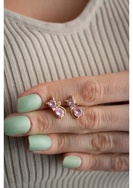 925 Ayar Gümüş Gold Kaplama Pembe Zirkon Taşlı Kedi Küpe fiyatları