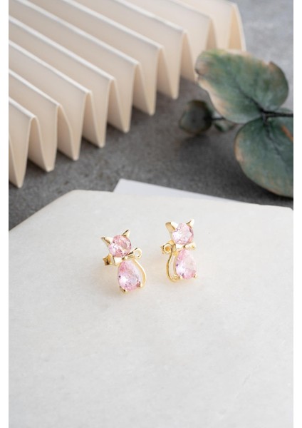 925 Ayar Gümüş Gold Kaplama Pembe Zirkon Taşlı Kedi Küpe modelleri