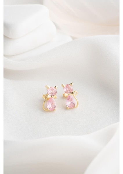 925 Ayar Gümüş Gold Kaplama Pembe Zirkon Taşlı Kedi Küpe fırsatları