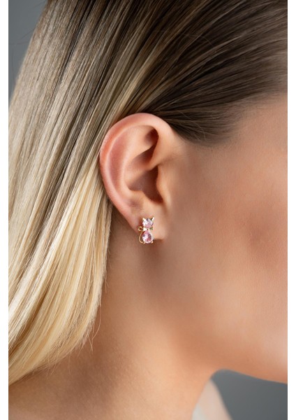 925 Ayar Gümüş Gold Kaplama Pembe Zirkon Taşlı Kedi Küpe indirimleri